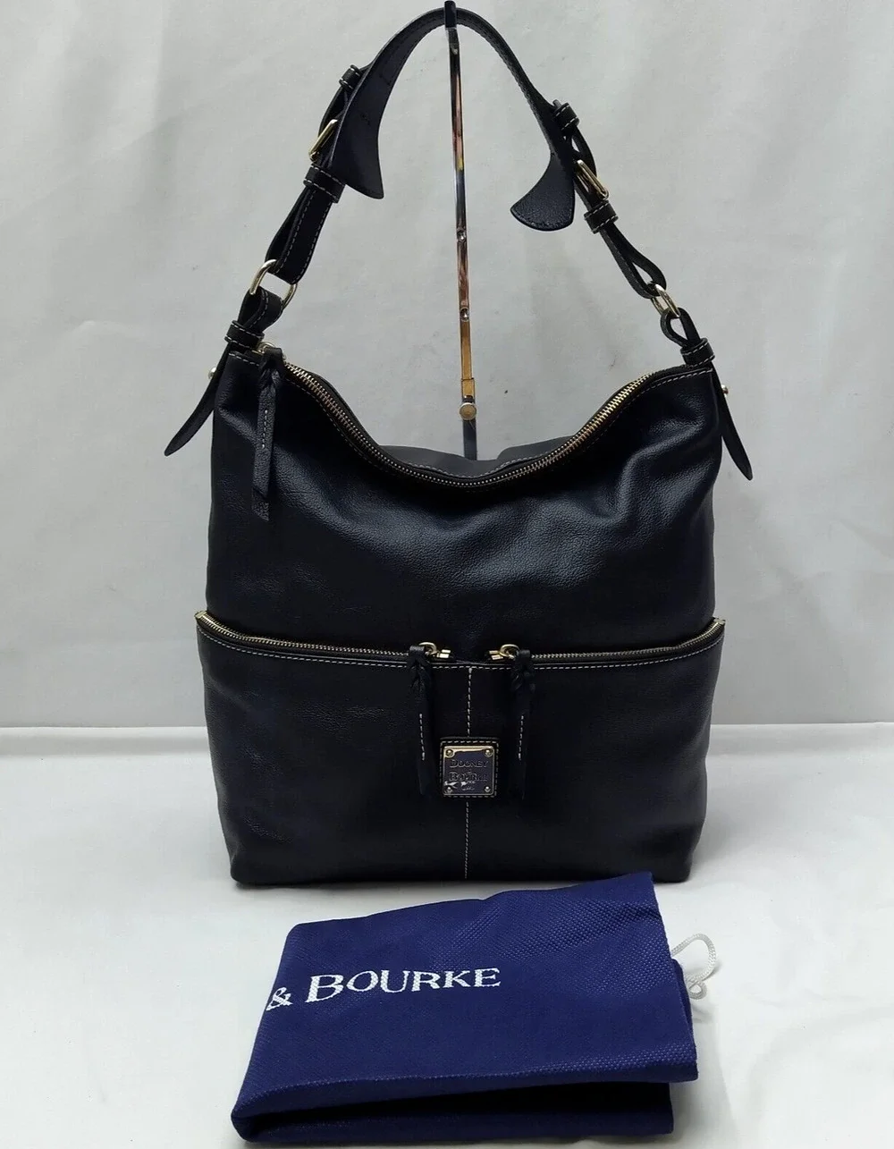 Dooney & Bourke Black Pebbled Leather Zipper Pockets Hobo Shoulder Bag